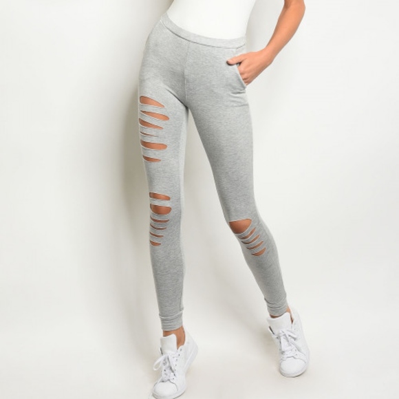 1 LEFT!  DISTRESSED GREY LEGGINGS - Picture 4 of 5